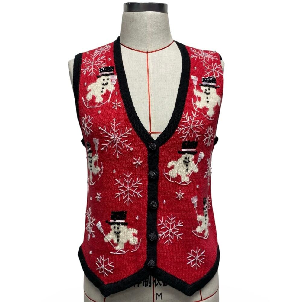 Vintage PBJ Sport Womens Size S Christmas Beaded Snowman Holiday Knit Vest